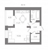 1-комнатная квартира-студия 43,14 м2 ЖК «Almond»