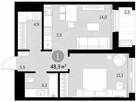 2 комнатная квартира 46 кв.м.