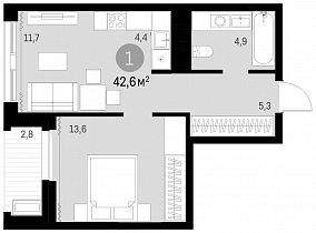 2 комнатная квартира 39.8 кв.м.