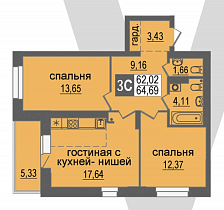 3-комнатная студия 64,69 м2 ЖК «Проспект»