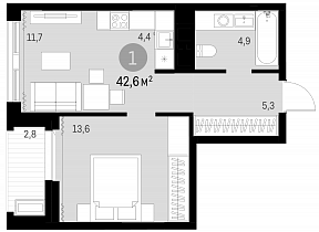 2 комнатная квартира 39.8 кв.м.