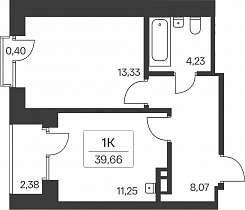 1 комнатная квартира 36.88 кв.м.