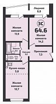3-комнатная квартира 64 м2 ЖК «Родники»