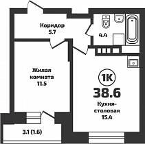 1 комнатная квартира 37 кв.м.