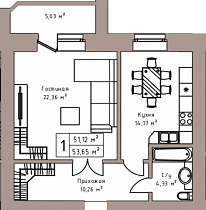 1-комнатная квартира 53,65 м2 «Квартал на Серафимовича»