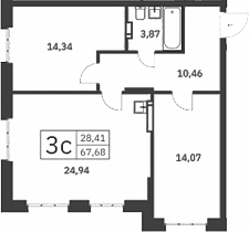 2 комнатная квартира 67.68 кв.м.