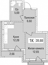 1 комнатная квартира 37.22 кв.м.