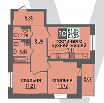 3-комнатная студия 63,59 м2 ЖК «Проспект»