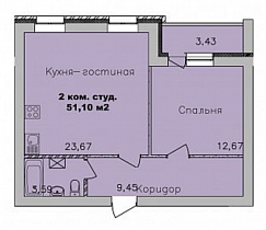 2-комнатная студия 51,1 м2 ЖК «Дивногорский»