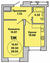 1-комнатная квартира 41.39 м2 ЖК «Приозёрный»